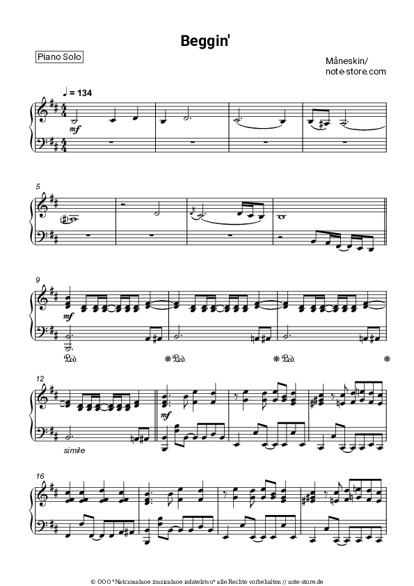 Noten Måneskin - Beggin - Klavier.Solo