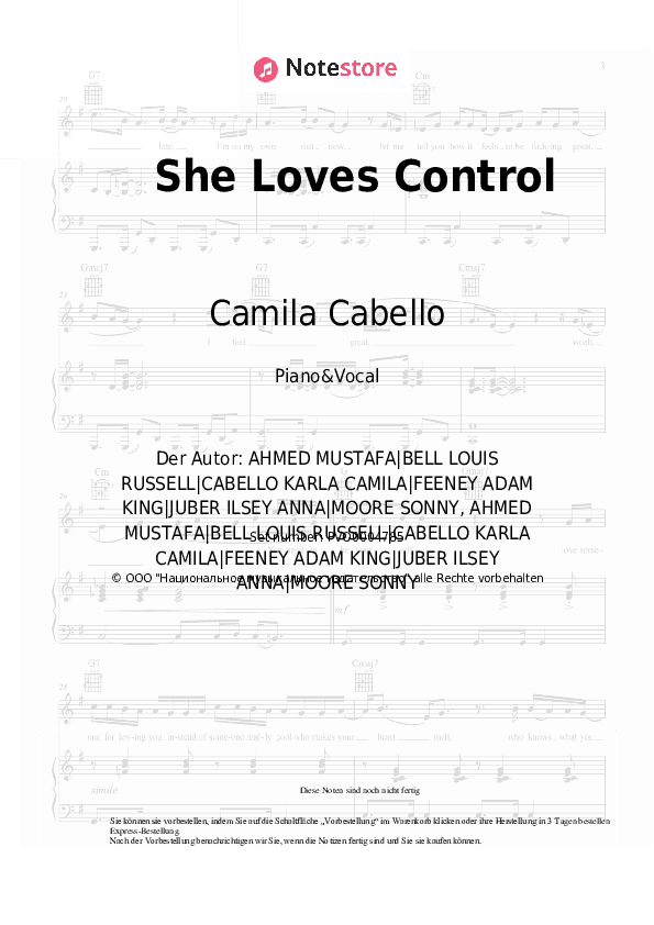 Noten mit Gesang Camila Cabello - She Loves Control - Klavier&Gesang