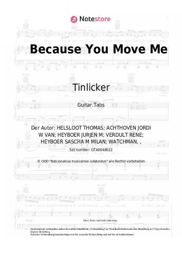 Tabs Tinlicker, Helsloot - Because You Move Me - Gitarre.Tabs