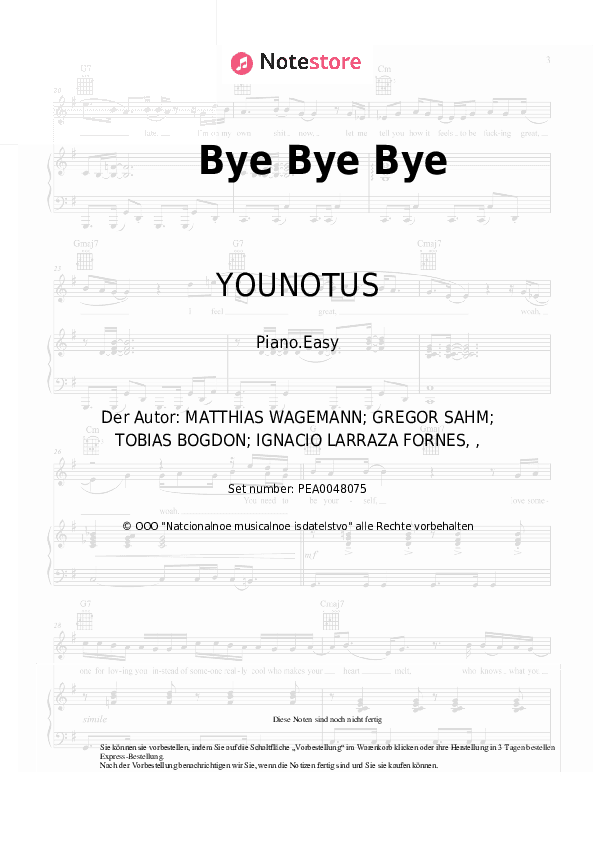 Einfache Noten YOUNOTUS, Michael Schulte - Bye Bye Bye - Klavier.Einfach