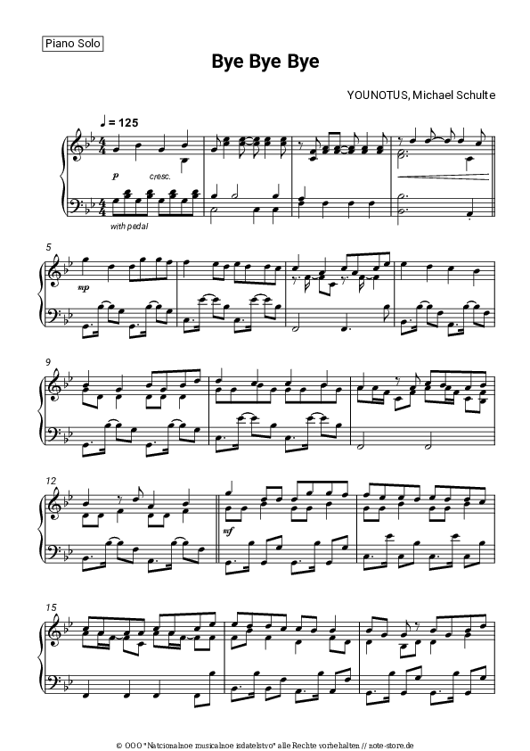 Noten YOUNOTUS, Michael Schulte - Bye Bye Bye - Klavier.Solo