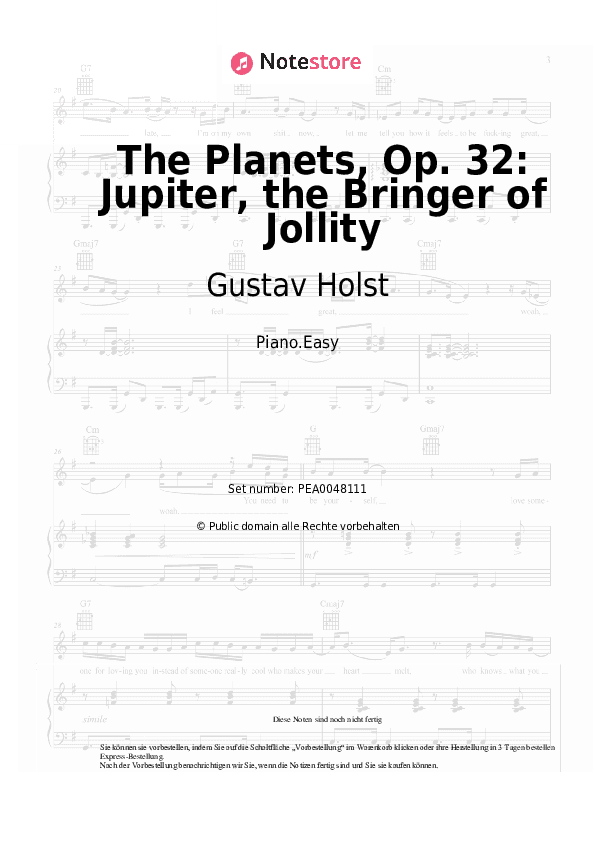 Einfache Noten Gustav Holst - The Planets, Op. 32: Jupiter, the Bringer of Jollity - Klavier.Einfach