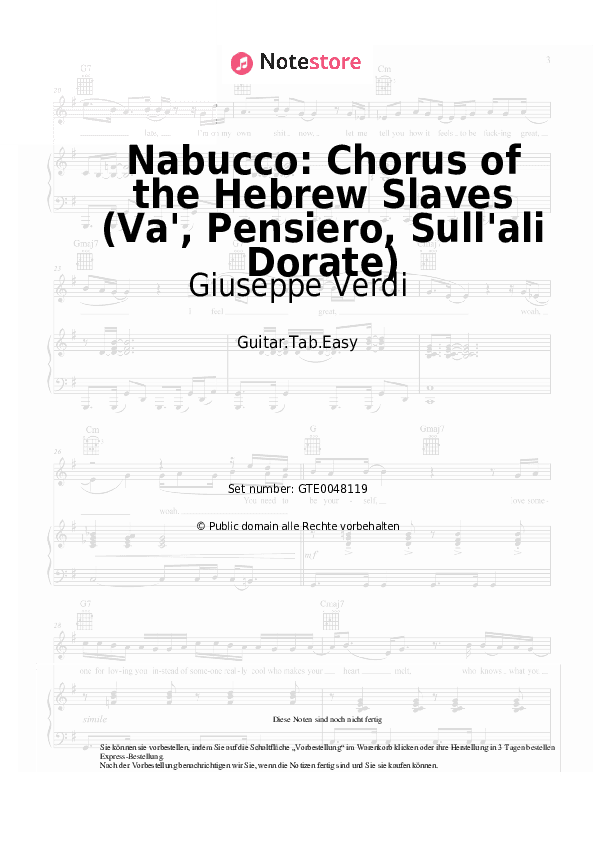 Einfache Tabs Giuseppe Verdi - Nabucco: Chorus of the Hebrew Slaves (Va', Pensiero, Sull'ali Dorate) - Gitarre.Tabs.Easy