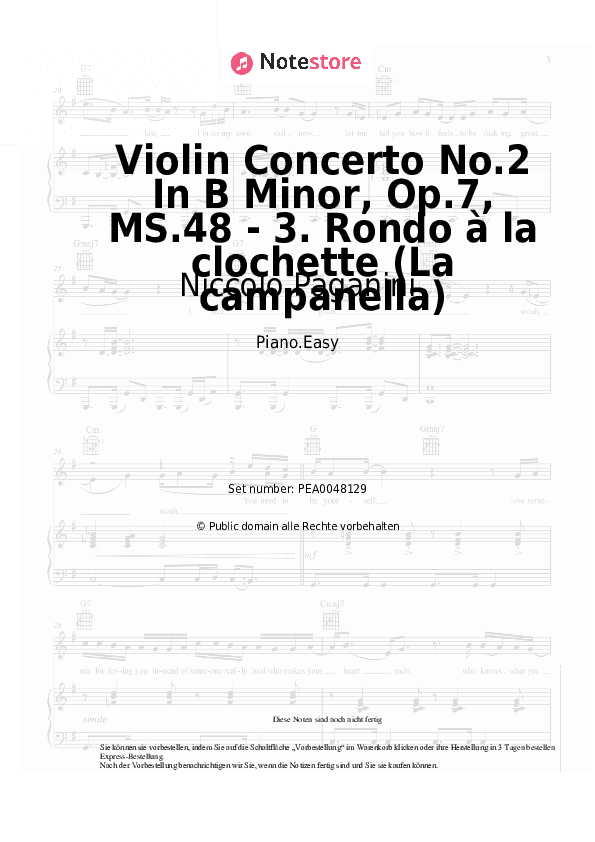 Einfache Noten Niccolo Paganini - Violin Concerto No.2 In B Minor, Op.7, MS.48 - 3. Rondo à la clochette (La campanella) - Klavier.Einfach