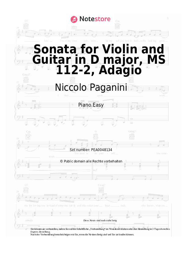 Einfache Noten Niccolo Paganini - Sonata for Violin and Guitar in D major, MS 112-2, Adagio - Klavier.Einfach