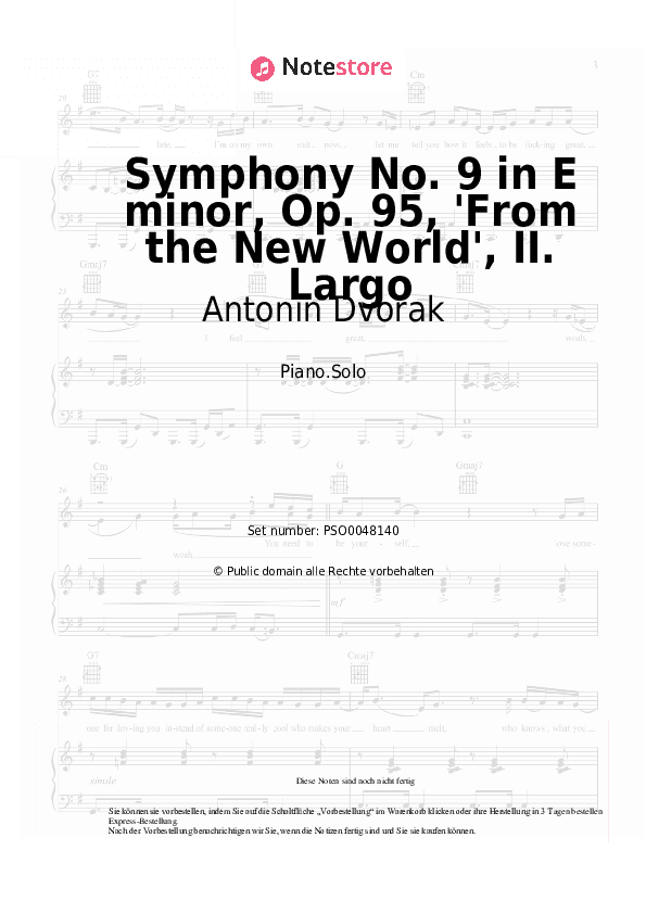Noten Antonin Dvorak - Symphony No. 9 in E minor, Op. 95, 'From the New World', II. Largo - Klavier.Solo