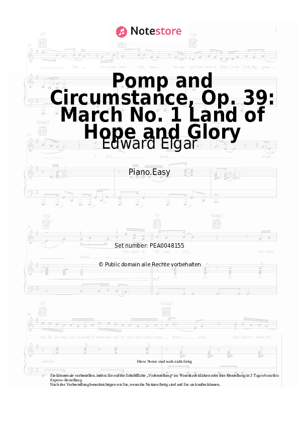Einfache Noten Edward Elgar - Pomp and Circumstance, Op. 39: March No. 1 Land of Hope and Glory - Klavier.Einfach