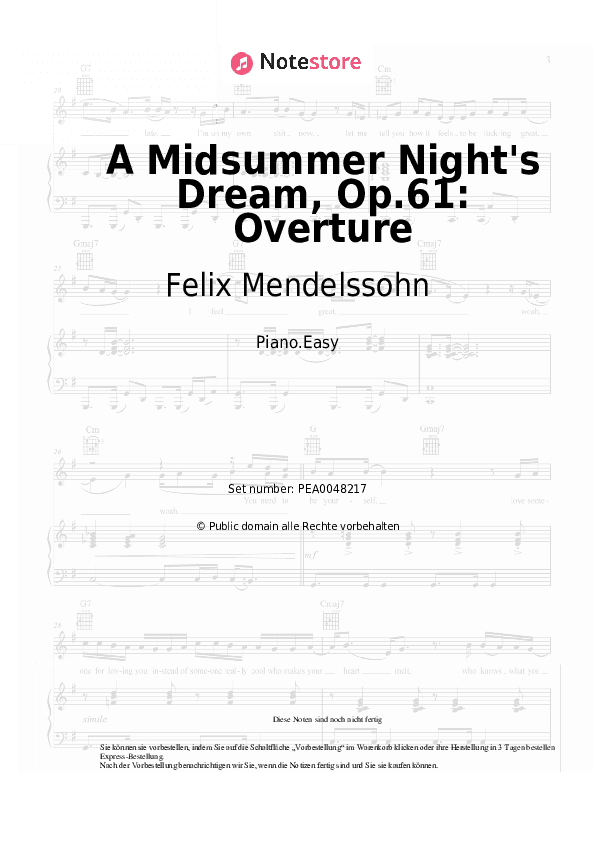 Einfache Noten Felix Mendelssohn - A Midsummer Night's Dream, Op.61: Overture - Klavier.Einfach