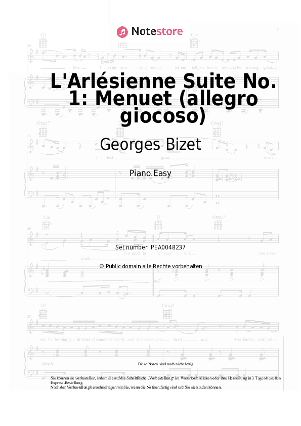 Einfache Noten Georges Bizet - L'Arlésienne Suite No. 1: Menuet (allegro giocoso) - Klavier.Einfach