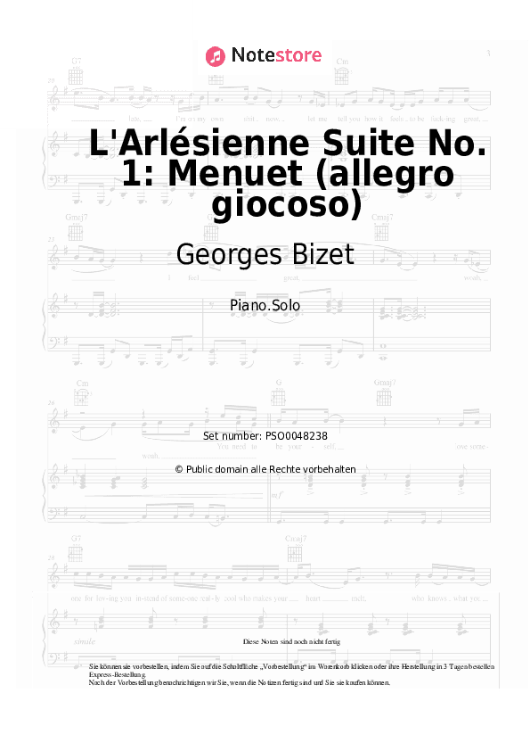 Noten Georges Bizet - L'Arlésienne Suite No. 1: Menuet (allegro giocoso) - Klavier.Solo