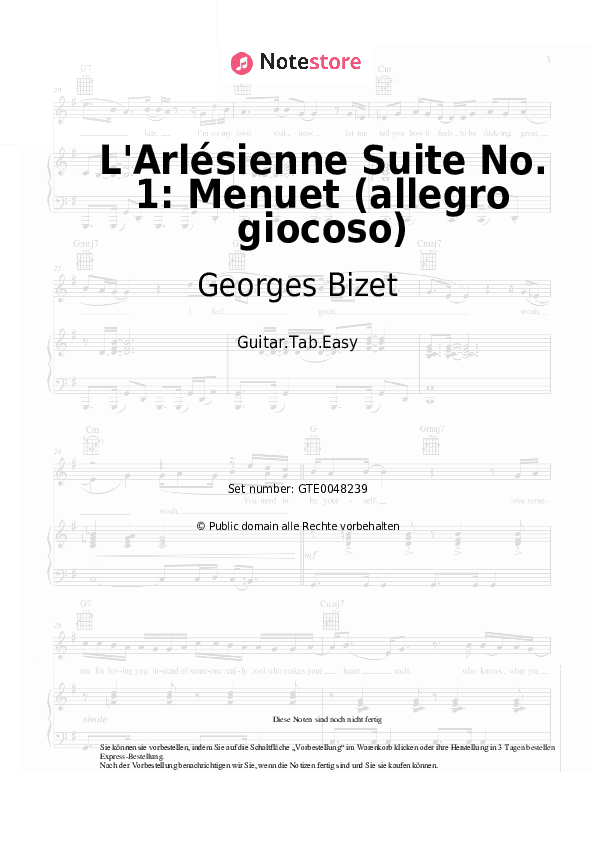 Einfache Tabs Georges Bizet - L'Arlésienne Suite No. 1: Menuet (allegro giocoso) - Gitarre.Tabs.Easy