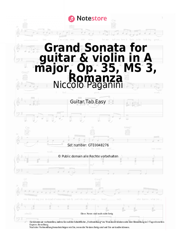 Einfache Tabs Niccolo Paganini - Grand Sonata for guitar & violin in A major, Op. 35, MS 3, Romanza - Gitarre.Tabs.Easy