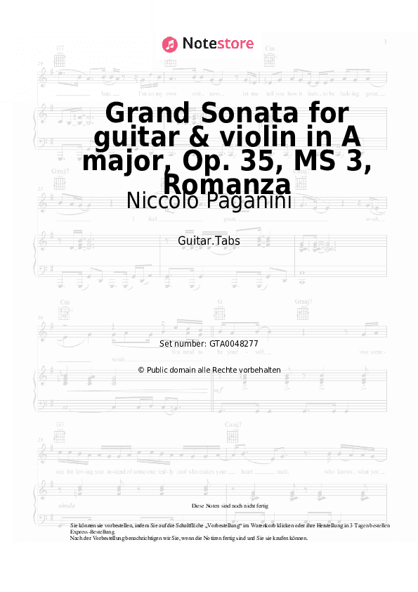 Tabs Niccolo Paganini - Grand Sonata for guitar & violin in A major, Op. 35, MS 3, Romanza - Gitarre.Tabs