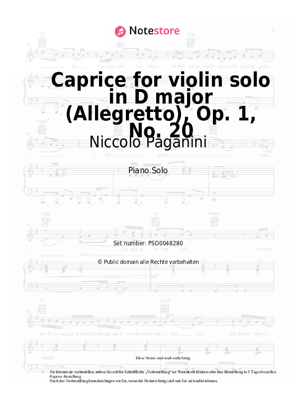 Noten Niccolo Paganini - Caprice for violin solo in D major (Allegretto), Op. 1, No. 20 - Klavier.Solo