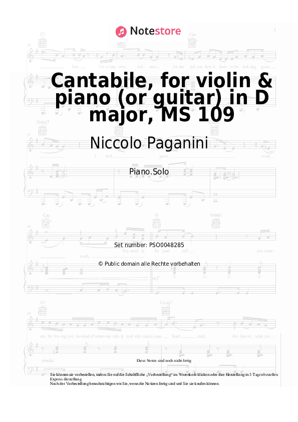 Noten Niccolo Paganini - Cantabile, for violin & piano (or guitar) in D major, MS 109 - Klavier.Solo