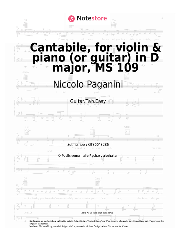 Einfache Tabs Niccolo Paganini - Cantabile, for violin & piano (or guitar) in D major, MS 109 - Gitarre.Tabs.Easy