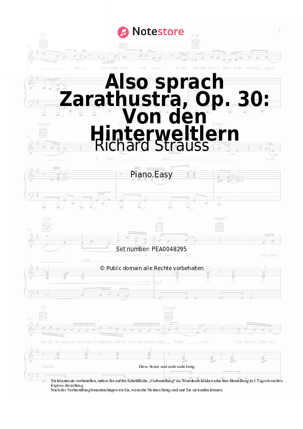 Einfache Noten Richard Strauss - Also sprach Zarathustra, Op. 30: Von den Hinterweltlern - Klavier.Einfach