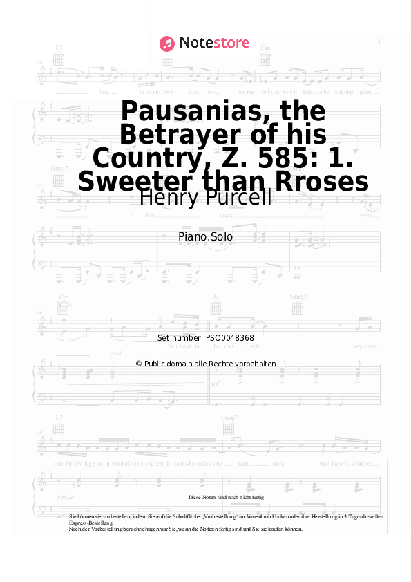 Noten Henry Purcell - Pausanias, the Betrayer of his Country, Z. 585: 1. Sweeter than Rroses - Klavier.Solo