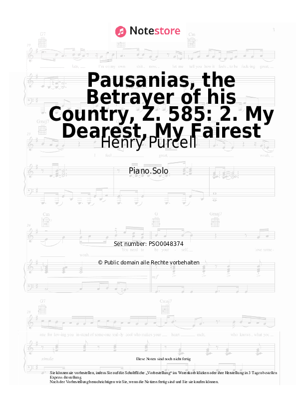 Noten Henry Purcell - Pausanias, the Betrayer of his Country, Z. 585: 2. My Dearest, My Fairest - Klavier.Solo