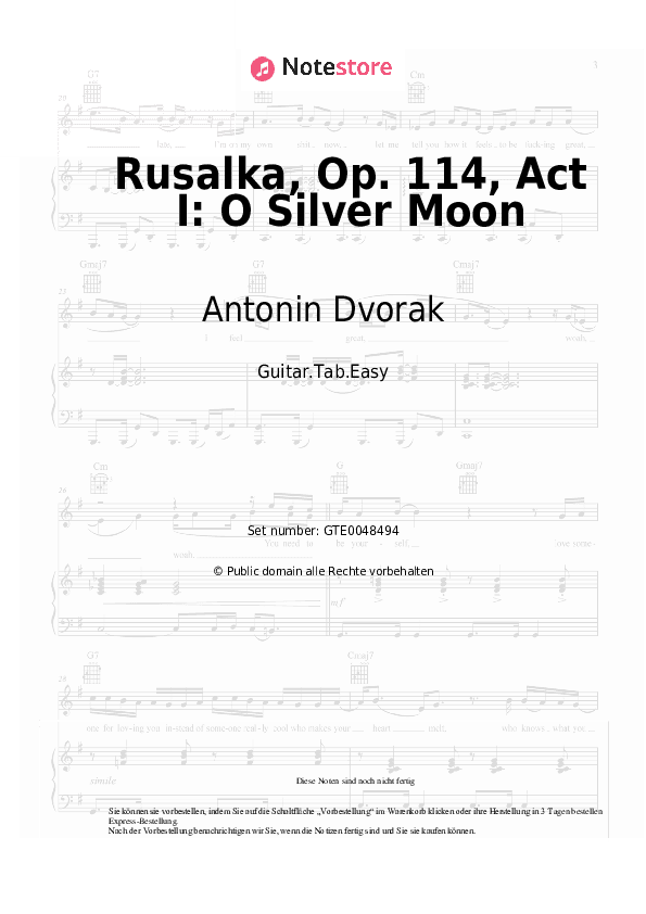 Einfache Tabs Antonin Dvorak - Rusalka, Op. 114, Act I: O Silver Moon - Gitarre.Tabs.Easy