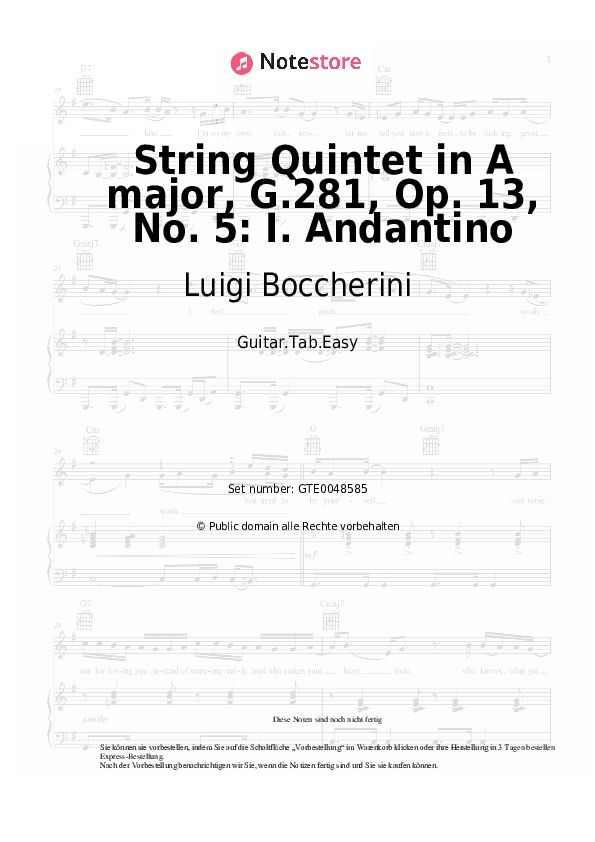 Einfache Tabs Luigi Boccherini - String Quintet in A major, G.281, Op. 13, No. 5: I. Andantino - Gitarre.Tabs.Easy