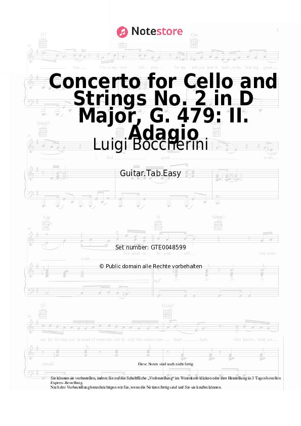 Einfache Tabs Luigi Boccherini - Concerto for Cello and Strings No. 2 in D Major, G. 479: II. Adagio - Gitarre.Tabs.Easy