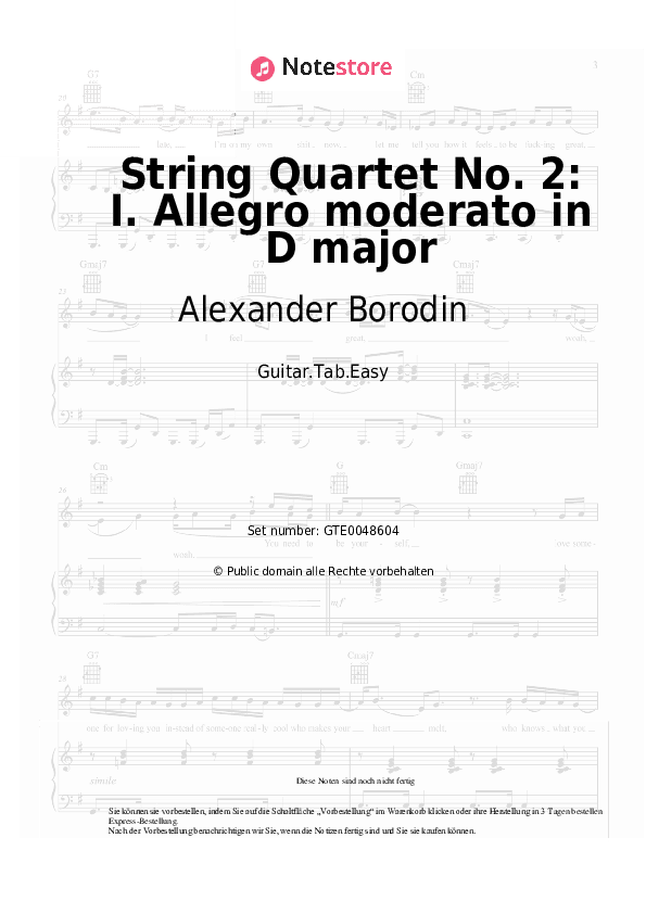 Einfache Tabs Alexander Borodin - String Quartet No. 2: I. Allegro moderato in D major - Gitarre.Tabs.Easy