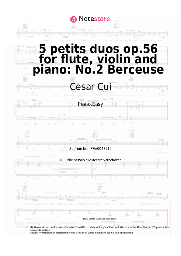Einfache Noten Cesar Cui - 5 petits duos op.56 for flute, violin and piano: No.2 Berceuse - Klavier.Einfach