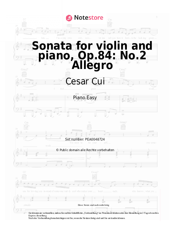 Einfache Noten Cesar Cui - Sonata for violin and piano, Op.84: No.2 Allegro - Klavier.Einfach