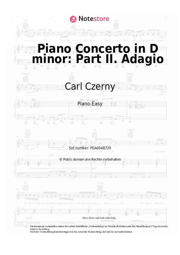 Einfache Noten Carl Czerny - Piano Concerto in D minor: Part II. Adagio - Klavier.Einfach