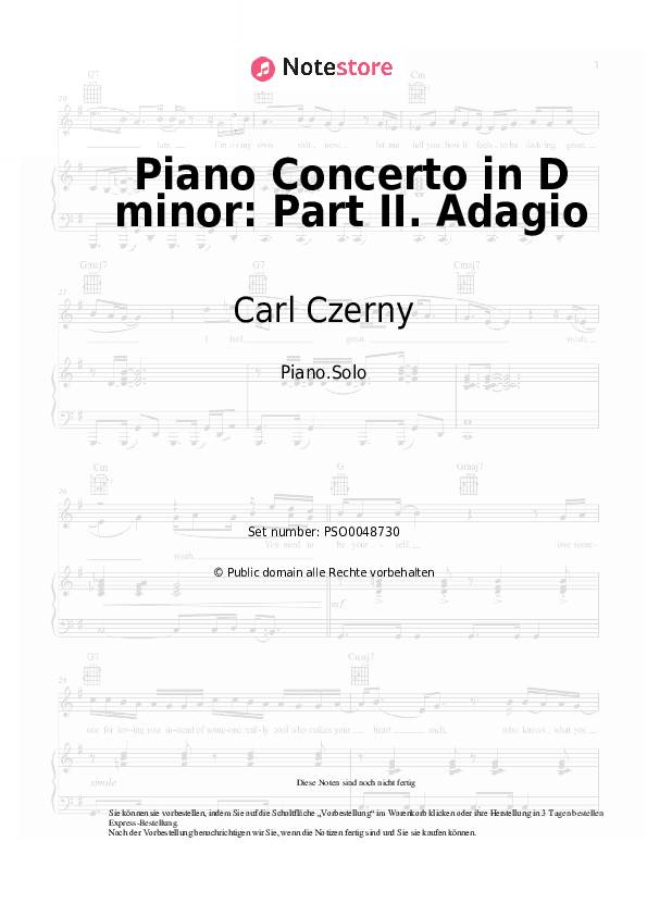 Noten Carl Czerny - Piano Concerto in D minor: Part II. Adagio - Klavier.Solo