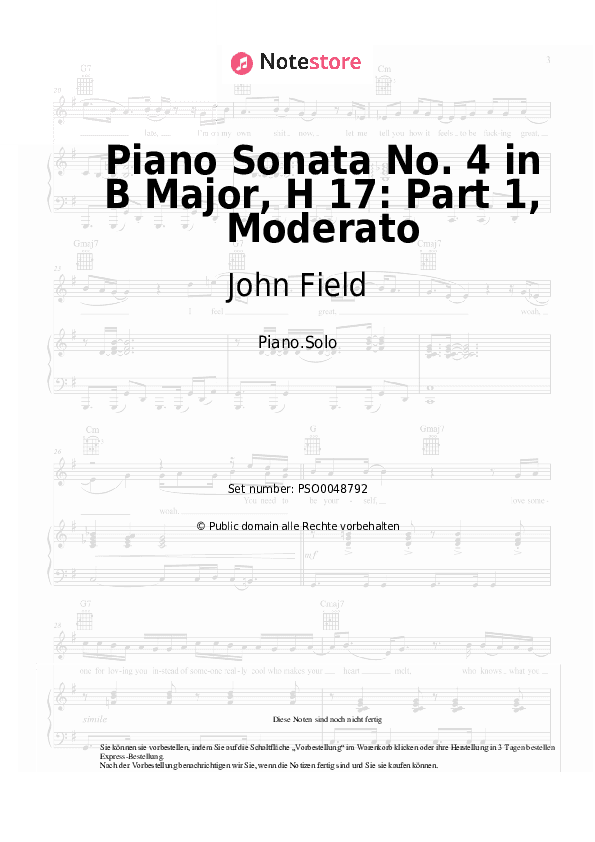 Noten John Field - Piano Sonata No. 4 in B Major, H 17: Part 1, Moderato - Klavier.Solo