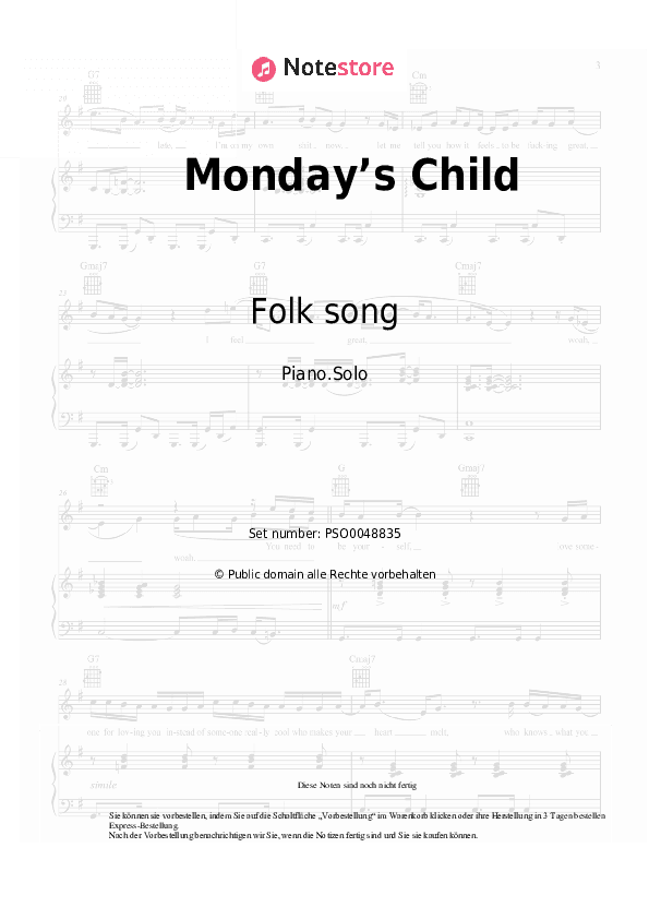 Noten Folk song - Monday’s Child - Klavier.Solo