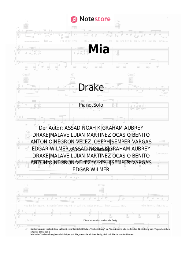Noten Drake, Bad Bunny - Mia - Klavier.Solo