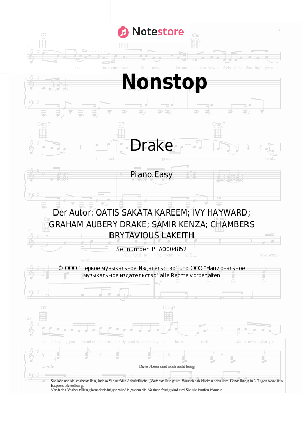 Einfache Noten Drake - Nonstop - Klavier.Einfach