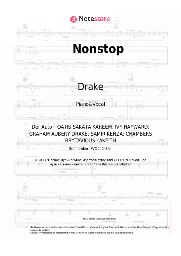 Noten mit Gesang Drake - Nonstop - Klavier&Gesang