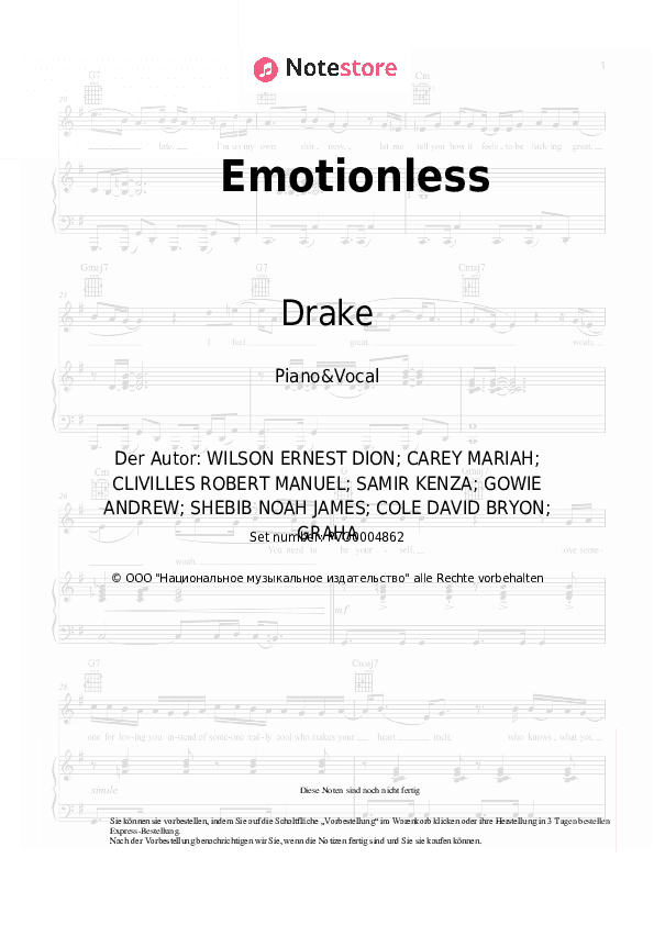 Noten mit Gesang Drake - Emotionless - Klavier&Gesang