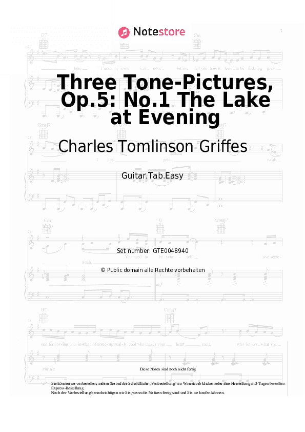 Einfache Tabs Charles Tomlinson Griffes - Three Tone-Pictures, Op.5: No.1 The Lake at Evening - Gitarre.Tabs.Easy