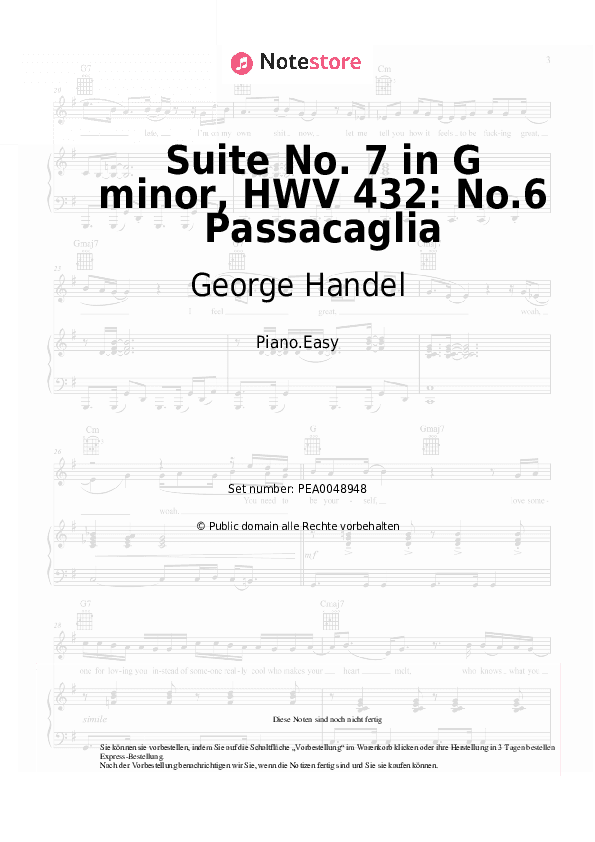 Einfache Noten George Handel - Suite No. 7 in G minor, HWV 432: No.6 Passacaglia - Klavier.Einfach