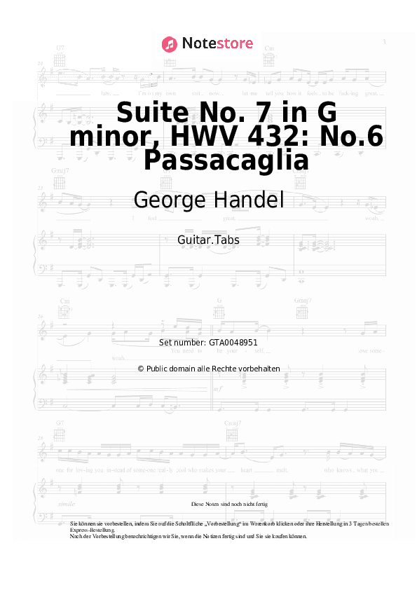 Tabs George Handel - Suite No. 7 in G minor, HWV 432: No.6 Passacaglia - Gitarre.Tabs
