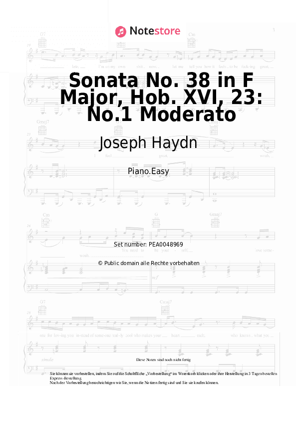 Einfache Noten Joseph Haydn - Sonata No. 38 in F Major, Hob. XVI, 23: Part 1 Moderato - Klavier.Einfach