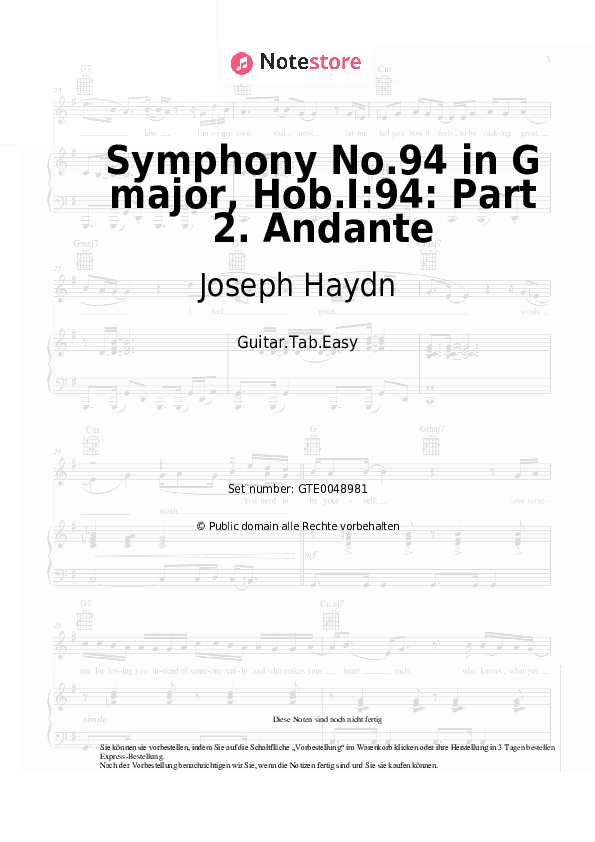 Einfache Tabs Joseph Haydn - Symphony No.94 in G major, Hob.I:94: Part 2. Andante - Gitarre.Tabs.Easy