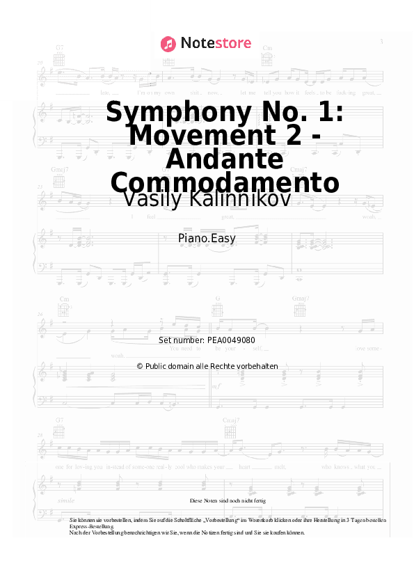 Einfache Noten Vasily Kalinnikov - Symphony No. 1: Movement 2 - Andante Commodamento - Klavier.Einfach