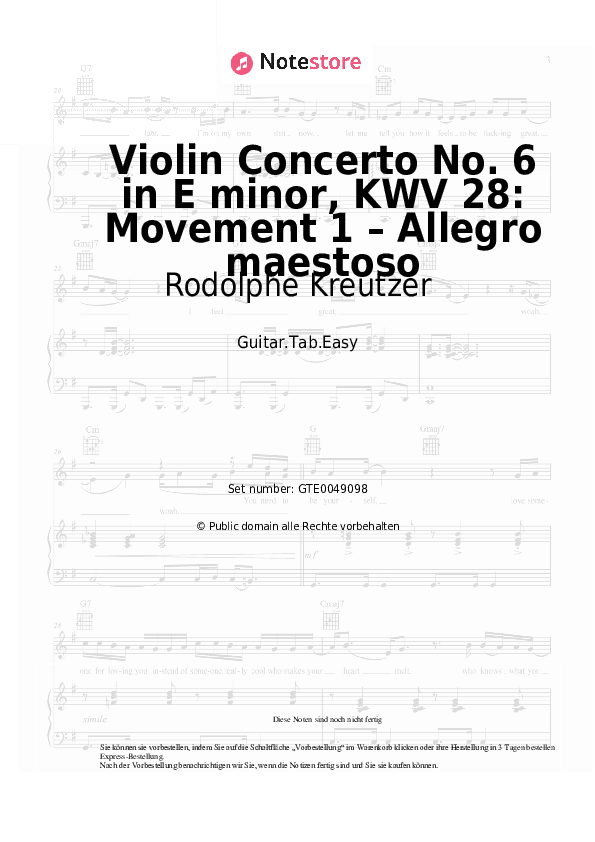 Einfache Tabs Rodolphe Kreutzer - Violin Concerto No. 6 in E minor, KWV 28: Movement 1 – Allegro maestoso - Gitarre.Tabs.Easy