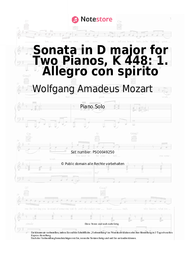 Noten Wolfgang Amadeus Mozart - Sonata in D major for Two Pianos, K 448: 1. Allegro con spirito - Klavier.Solo