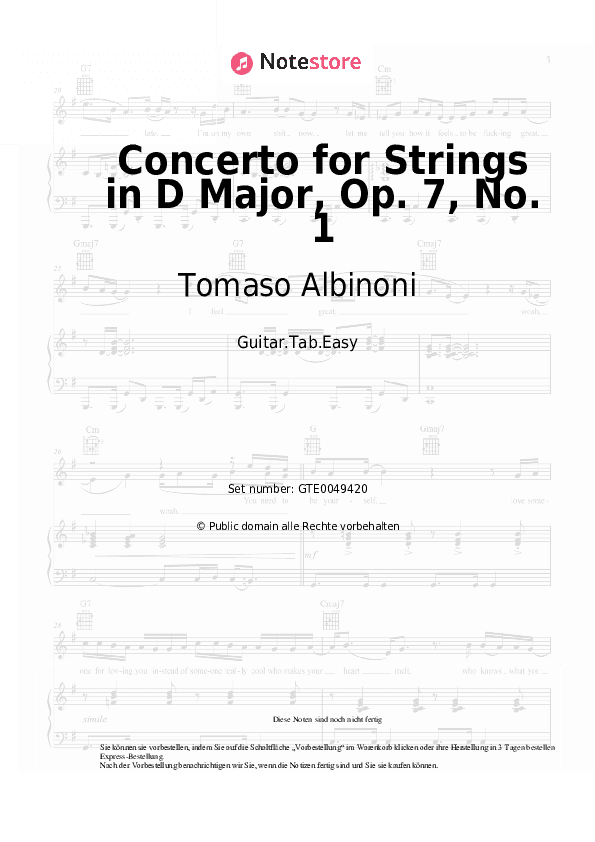 Einfache Tabs Tomaso Albinoni - Concerto for Strings in D Major, Op. 7, No. 1 - Gitarre.Tabs.Easy