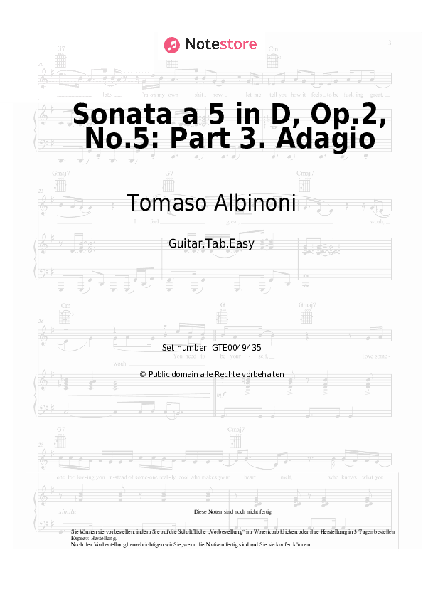 Einfache Tabs Tomaso Albinoni - Sonata a 5 in D, Op.2, No.5: Part 3. Adagio - Gitarre.Tabs.Easy
