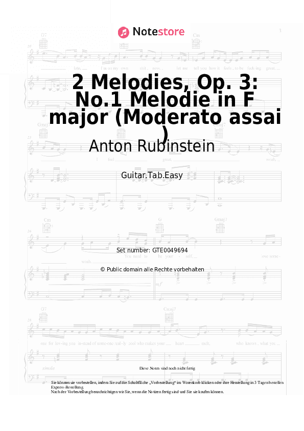 Einfache Tabs Anton Rubinstein - 2 Melodies, Op. 3: No.1 Melodie in F major (Moderato assai ) - Gitarre.Tabs.Easy