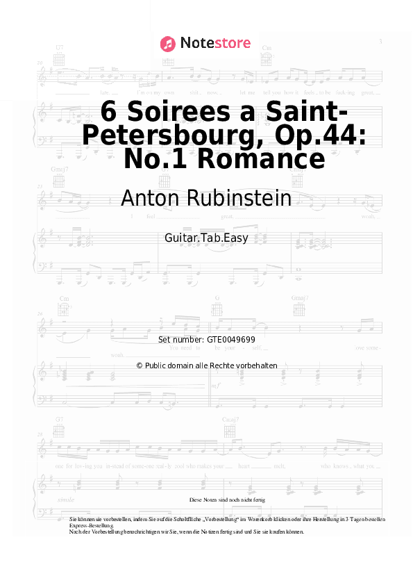 Einfache Tabs Anton Rubinstein - 6 Soirees a Saint-Petersbourg, Op.44: No.1 Romance - Gitarre.Tabs.Easy