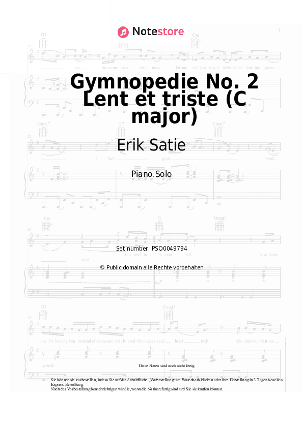 Noten Erik Satie - Gymnopedie No.2 Lent et triste (C major) - Klavier.Solo